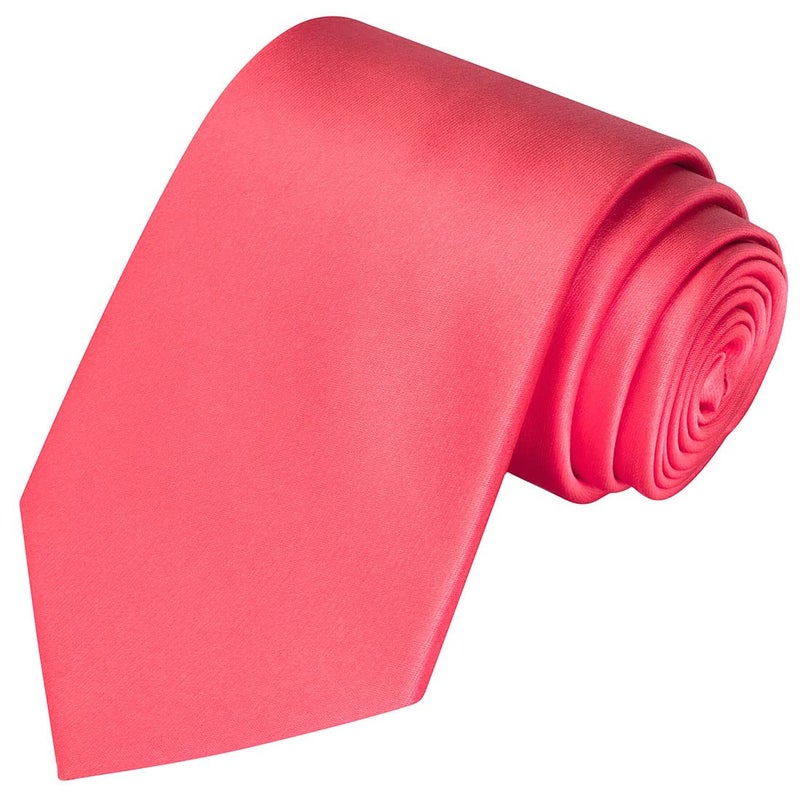 KissTies Sunset Coral Satin Tie Set Solid Ties Mens Necktie + Pocket Square - Image 2